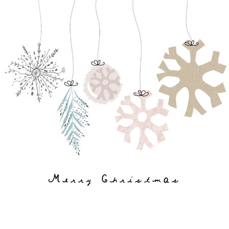 Merry Christmas cute greeting card or banner template with different winter holidays xmas tree hanging decorations. Beautiful fairy background elements imitating watercolor paintingsのイラスト素材