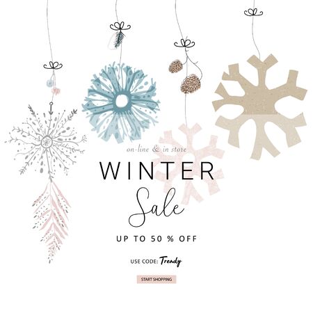 Social media banner template for advertising winter arrivals collection or seasonal sales promotion. Cute hand drawn background with Christmas tree decoration elements のイラスト素材