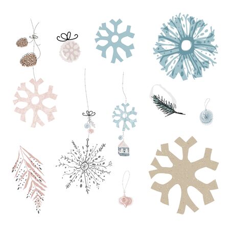 Merry Christmas cute greeting card or banner template with different winter holidays xmas tree hanging decorations. Beautiful fairy background elements imitating watercolor paintingsのイラスト素材
