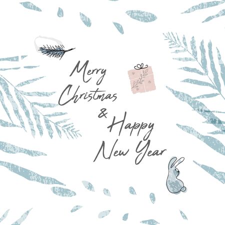 Christmas cute greeting card or banner templates with different winter holidays symbols, animals and characters. hand drawn textures design conceptのイラスト素材