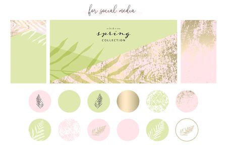 Social media banner template for advertising spring arrivals collection or seasonal sales promotion. trendy hand drawn background textures and floral elementのイラスト素材