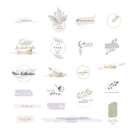 gentle set of botanical and chic templates, stickers and trendy feminine floral compositionsのイラスト素材
