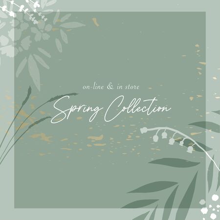 Social media banner template for advertising spring arrivals collection or seasonal sales promotion. trendy hand drawn background textures and floral botanical elementsのイラスト素材