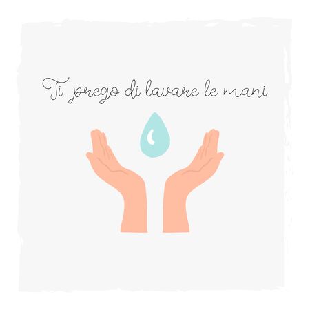 hand drawn cartoon vector illustration. Italian text in English means wash your hands pleaseのイラスト素材