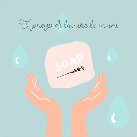 hand drawn cartoon vector illustration. Italian text in English means wash your hands pleaseのイラスト素材