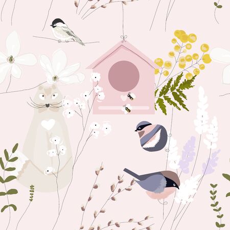 Spring garden seamless pattern with hand drawn springtime floralsのイラスト素材