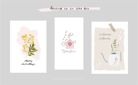 cute spring postcards with hand drawn springtime elementsのイラスト素材