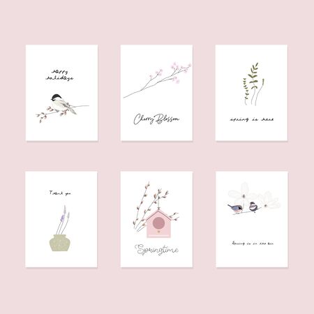 cute spring postcards with hand drawn springtime elementsのイラスト素材