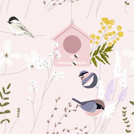 Spring garden seamless pattern with hand drawn springtime floralsのイラスト素材