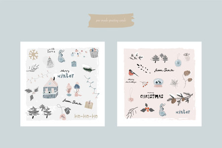 Christmas cute greeting cards or postcards templates with different winter holidays symbolsのイラスト素材