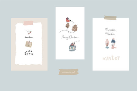 Christmas cute greeting cards or postcards templates with different winter holidays symbolsのイラスト素材