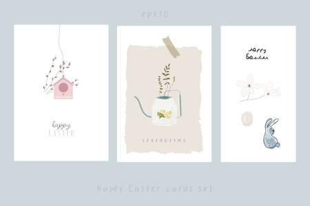 happy easter greeting cards set with spring cartoon floral and animals illustrationsのイラスト素材