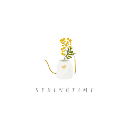 Springtime vector illustration of watering can with mimosa flower on itのイラスト素材