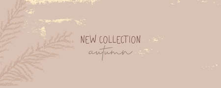 New collection Autumn chic banner template, brush stroke cream beige shades and gold foil touch landscape abstract modern background.のイラスト素材