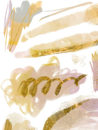 Abstract brush stokes modern fine art painting digital illustrations with gold foil ink brush textures.の写真素材