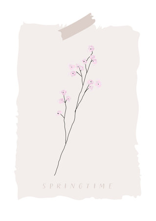 Cherry blossom sakura pink flower tree branch hand drawn illustrationのイラスト素材