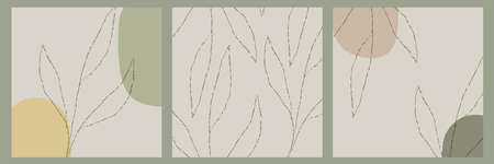 Modern abstract shapes art. Trendy organic forms and line art drawing. Chic boho style prints. Botanicals. Neutral pastel blush pink, green, yellow, beige colors. Hand drawn pencil leaves fall patternのイラスト素材