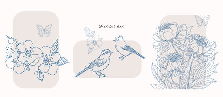 Spring birds, blossom flowers, butterflies, vector illustrationのイラスト素材