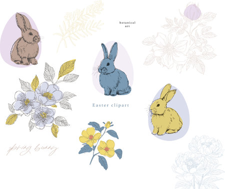Spring flowers and Easter bunnies clipartのイラスト素材