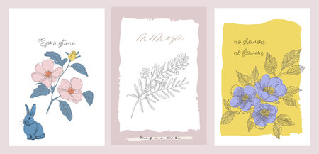 Greeting Card set, Spring flowers and Easter bunnies clipartのイラスト素材