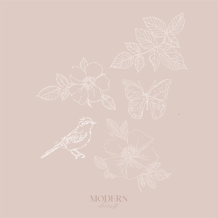 Hibiscus wild rose flowers, abstract floral illustration cards, wall art print, bird and branch, sketched texture.のイラスト素材