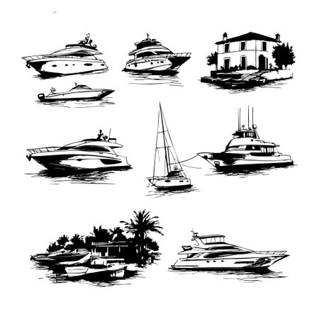 Hand drawn marine boats, yacht in vintage styleのイラスト素材