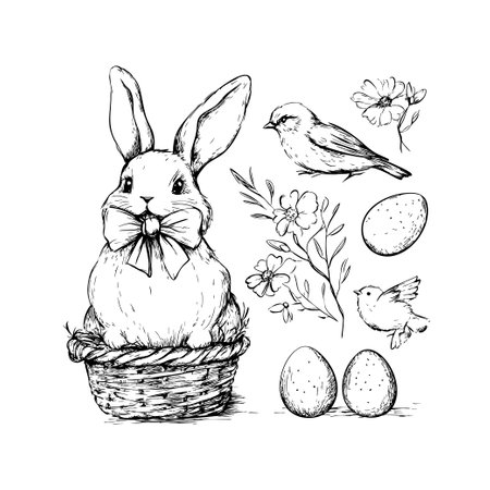 Easter Bunny Illustration Black and White Hand-Drawn Floral Sketchのイラスト素材