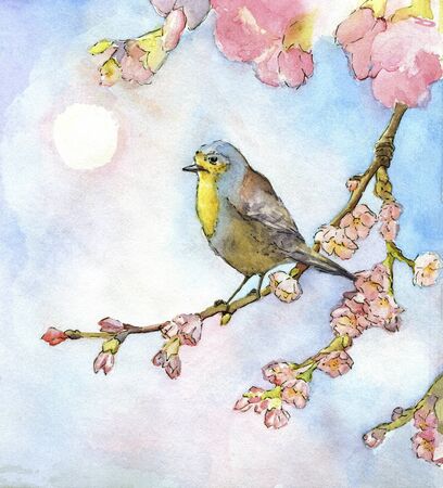 Watercolor sketch of a bird sitting on a branch of a blooming tree 300 dpi Wonderful decoration or decorative element, can be used as print, picture, wallpaper, background, invitation, card, greeting etcの写真素材