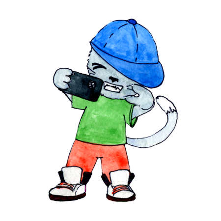 Watercolor funny sketch of a cat making selfie 300 dpiの写真素材