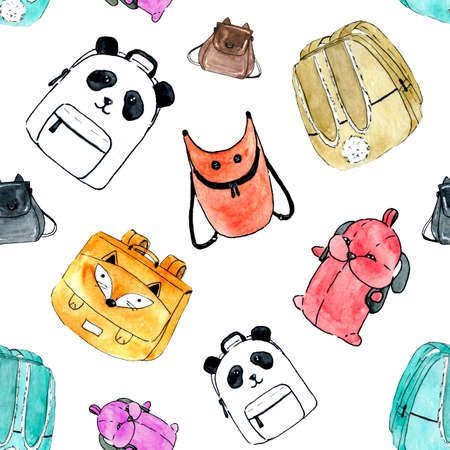 Watercolor seamless pattern with different isolated backpacks and bags 500 dpiの写真素材