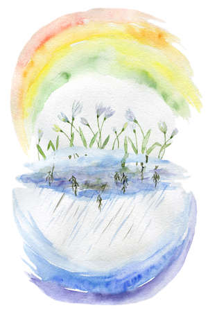 Watercolor abstract illustration of a rainy cloud with growing snowdrops and rainbow 500 dpiの写真素材