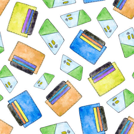 Watercolor seamless background with colorful card holders and credit cardsの写真素材