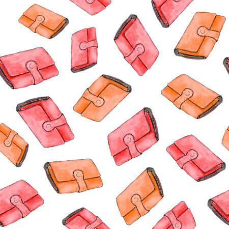 Seamless pattern with watercolor red and orange walletsの写真素材