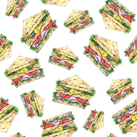 Seamless pattern with isolated hand drawn sandwichesの写真素材