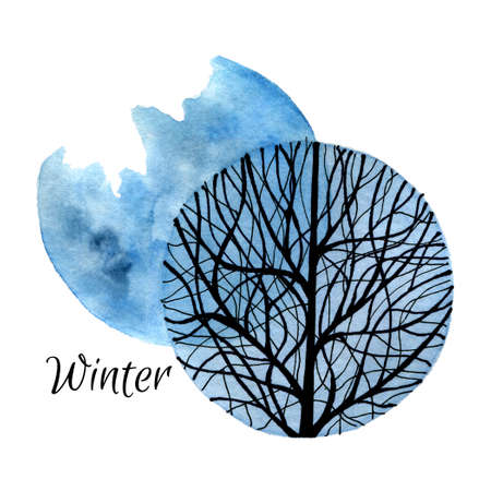Watercolor abstract illustration of bare tree in blue circle with blue stain in the backgroundの写真素材