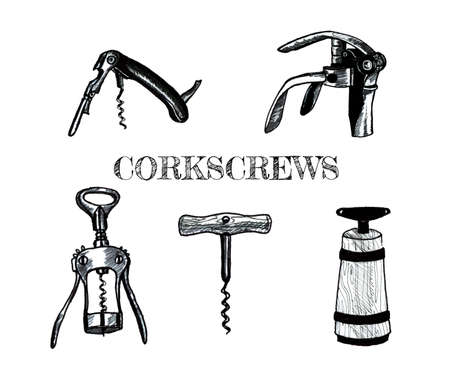 Hand drawn graphic illustration of five different corkscrews isolated on white backgroundの写真素材