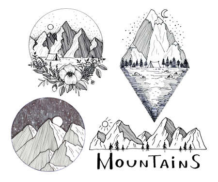 Hand drawn illustration of graphic black and white mountains set with lettering title on white backgroundの写真素材