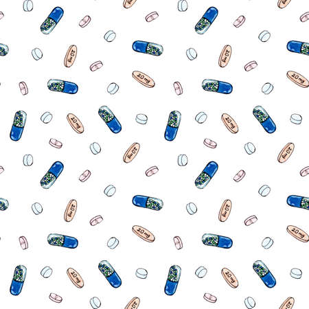 Seamless pattern with hand drawn pills and capsules on whiteの写真素材