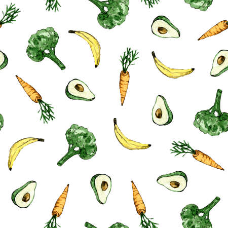 Seamless pattern background with watercolor hand drawn vegetables and bananas on white backgroundの写真素材