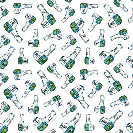 Seamless pattern with watercolor hand drawn non-contact thermometer on white backgroundの写真素材
