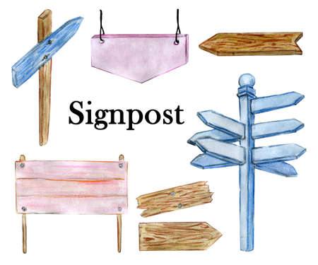 Watercolor illustration of hand draw signposts and signs isolated on white background