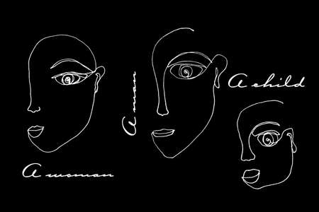 Half faces line art on blackの写真素材