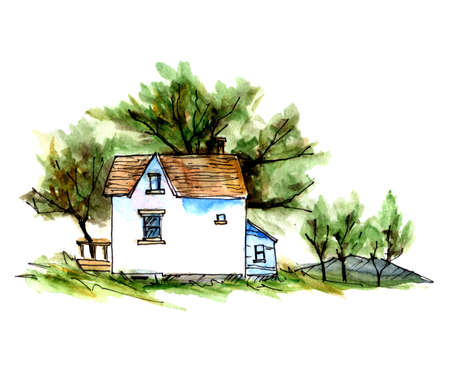 Country house hand drawn watercolorの写真素材