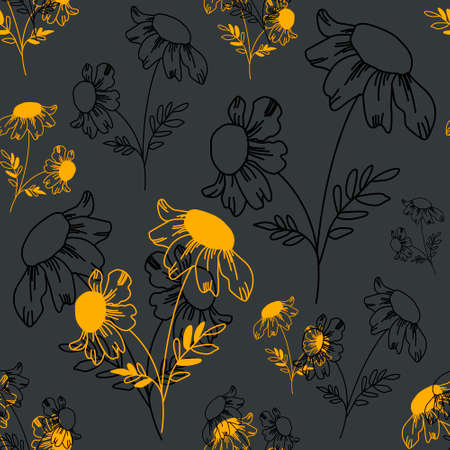 Vector pattern with black and yellow daisies outlines on dark gray background for template, textile, typography, wallpaper, decoration.EPS10のイラスト素材