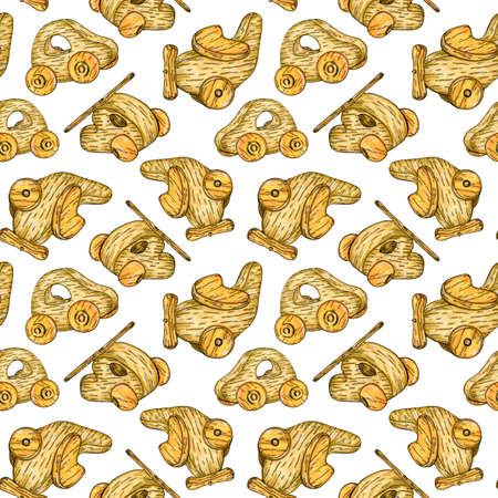 Watercolor seamless pattern with gand drawn wooden eco toys for boys isolated on white.の写真素材