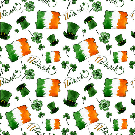 Seamless pattern with symbols of St Patrick's Day isolated on white backgroundの写真素材