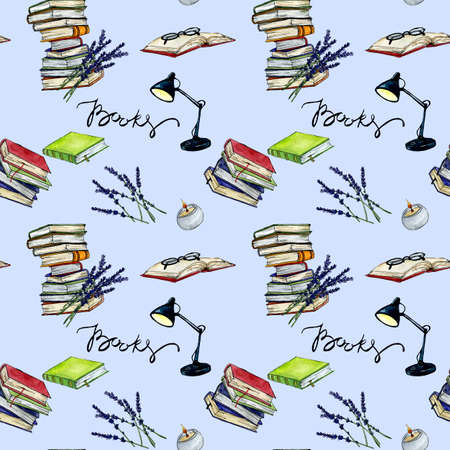 Stacked and single books hand drawn watercolor romantic collection seamless patternの写真素材