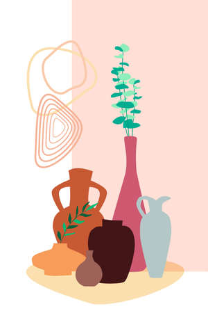 Vases in a composition with plants and shapesのイラスト素材