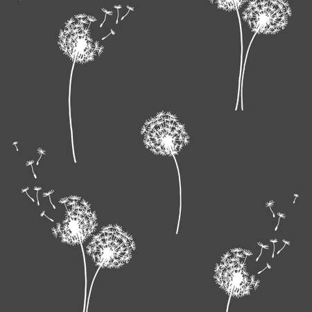 Dandelions contours on grey seamless vector patternのイラスト素材