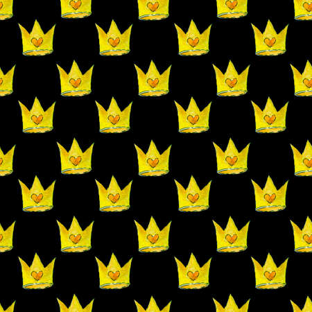 Golden crown funny hand drawn watercolor seamless pattern on black backgroundの写真素材